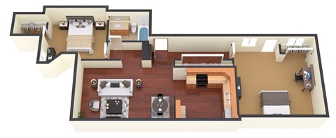 Floor plan for 2 beds, 1 bath, 986 sqft